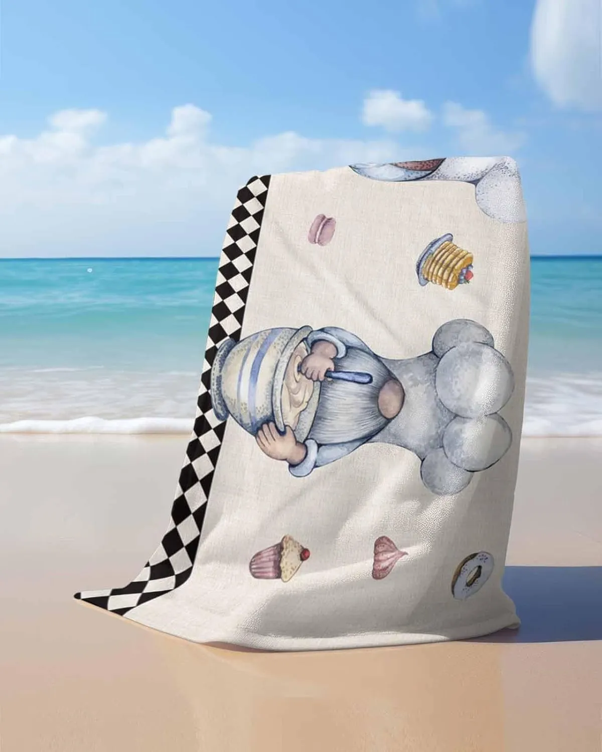 Prime Leader Beach Towel 23”x47” Small, Lovely Chef Gnomes Dessert Black Buffalo Plaid Lightweight Microfiber Beach Towels, Absorbent Sand Free Beach Essentials for Beach Pool Travel Camping