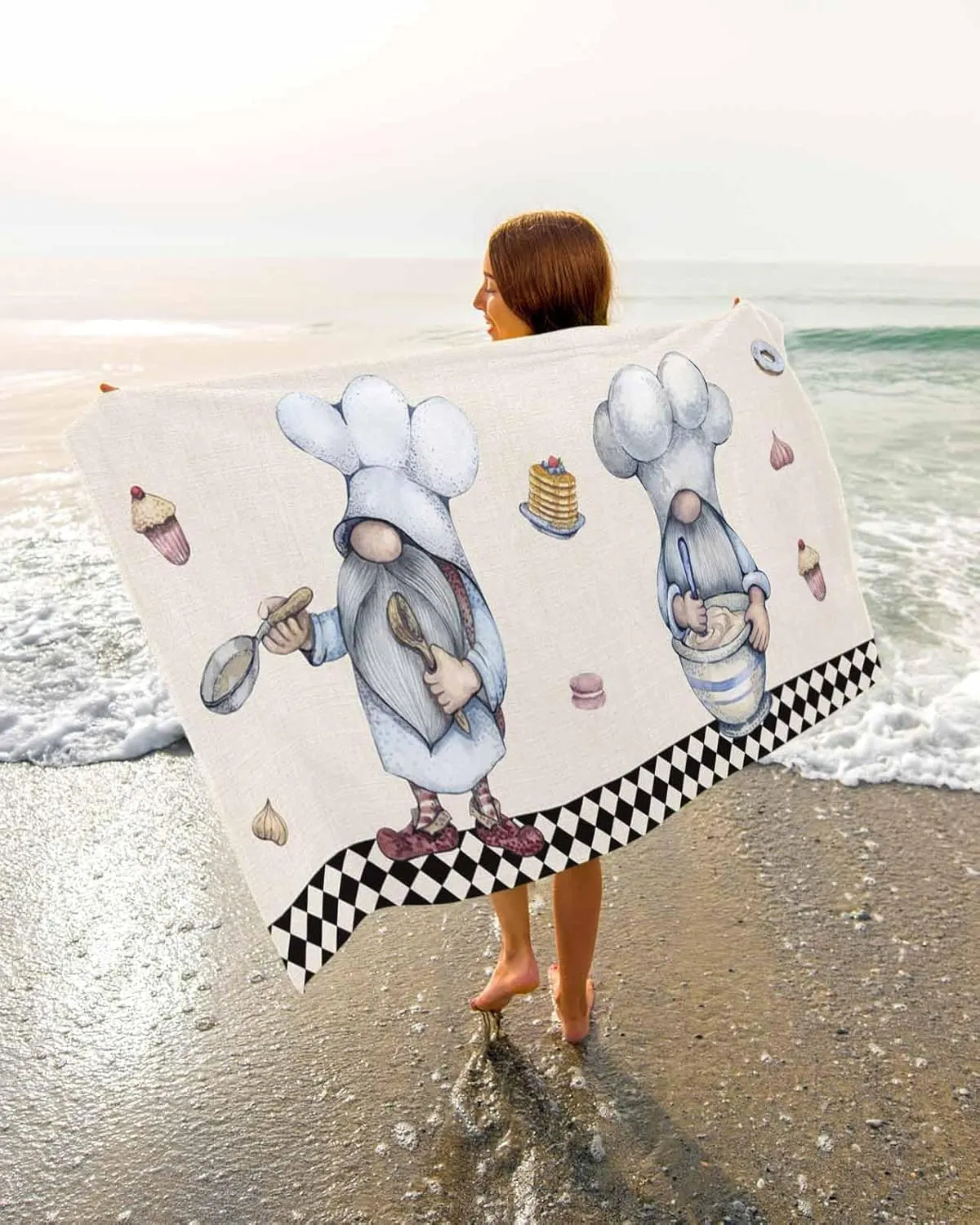 Prime Leader Beach Towel 23”x47” Small, Lovely Chef Gnomes Dessert Black Buffalo Plaid Lightweight Microfiber Beach Towels, Absorbent Sand Free Beach Essentials for Beach Pool Travel Camping
