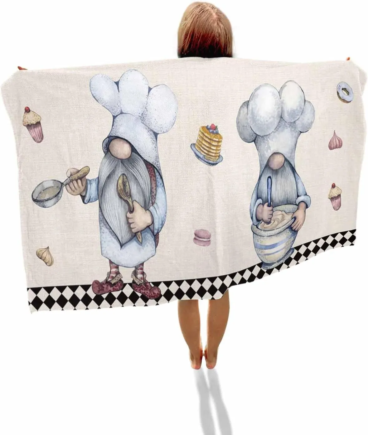 Prime Leader Beach Towel 23”x47” Small, Lovely Chef Gnomes Dessert Black Buffalo Plaid Lightweight Microfiber Beach Towels, Absorbent Sand Free Beach Essentials for Beach Pool Travel Camping
