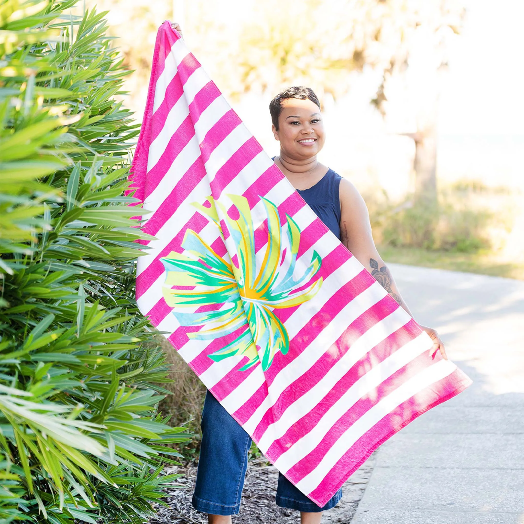 Printed Beach Towel in Palm Stripe