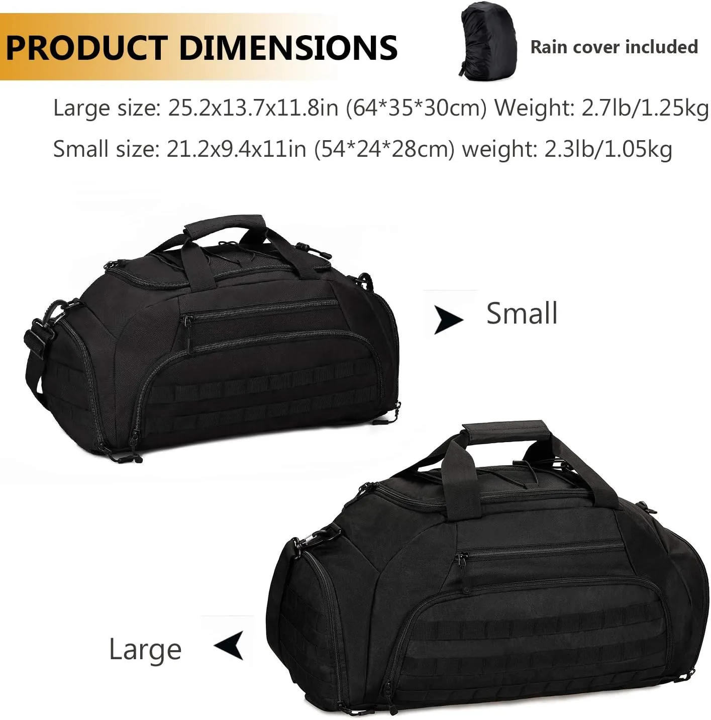 Protector Plus Tactical Duffle Bag Men Sports Gym Backpack Military MOLLE Luggage Suitcase Travel Camping Outdoor Rucksack (Rain Cover & Patch Included), Black, 35L