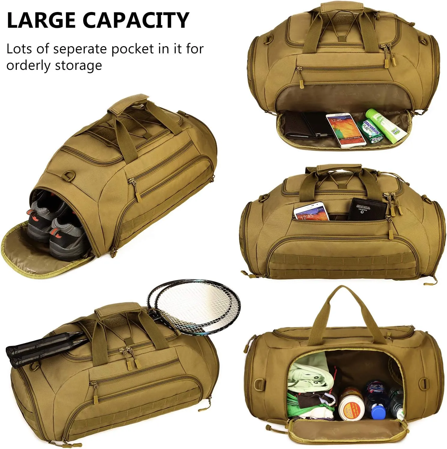 Protector Plus Tactical Duffle Bag Men Sports Gym Backpack Military MOLLE Luggage Suitcase Travel Camping Outdoor Rucksack (Rain Cover & Patch Included), Black, 35L