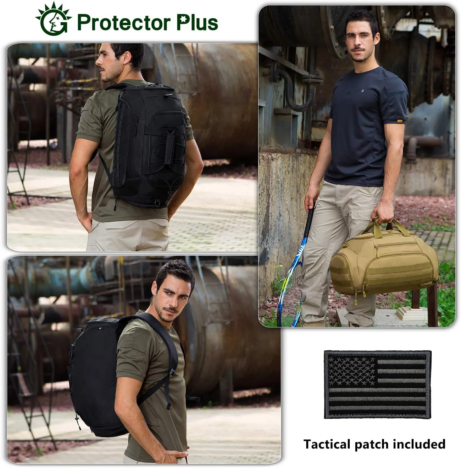 Protector Plus Tactical Duffle Bag Men Sports Gym Backpack Military MOLLE Luggage Suitcase Travel Camping Outdoor Rucksack (Rain Cover & Patch Included), Black, 35L