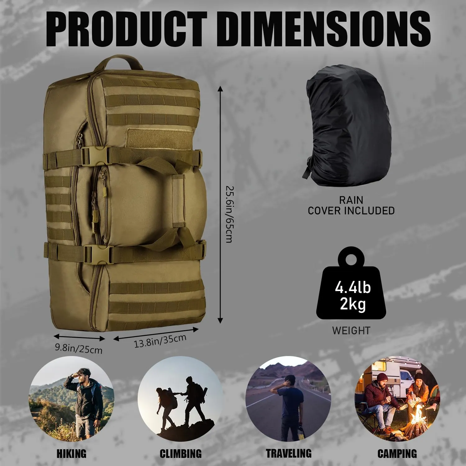 Protector Plus Tactical Travel Backpack 60L Military MOLLE Duffel Bag (Rain Cover & Patch Included)