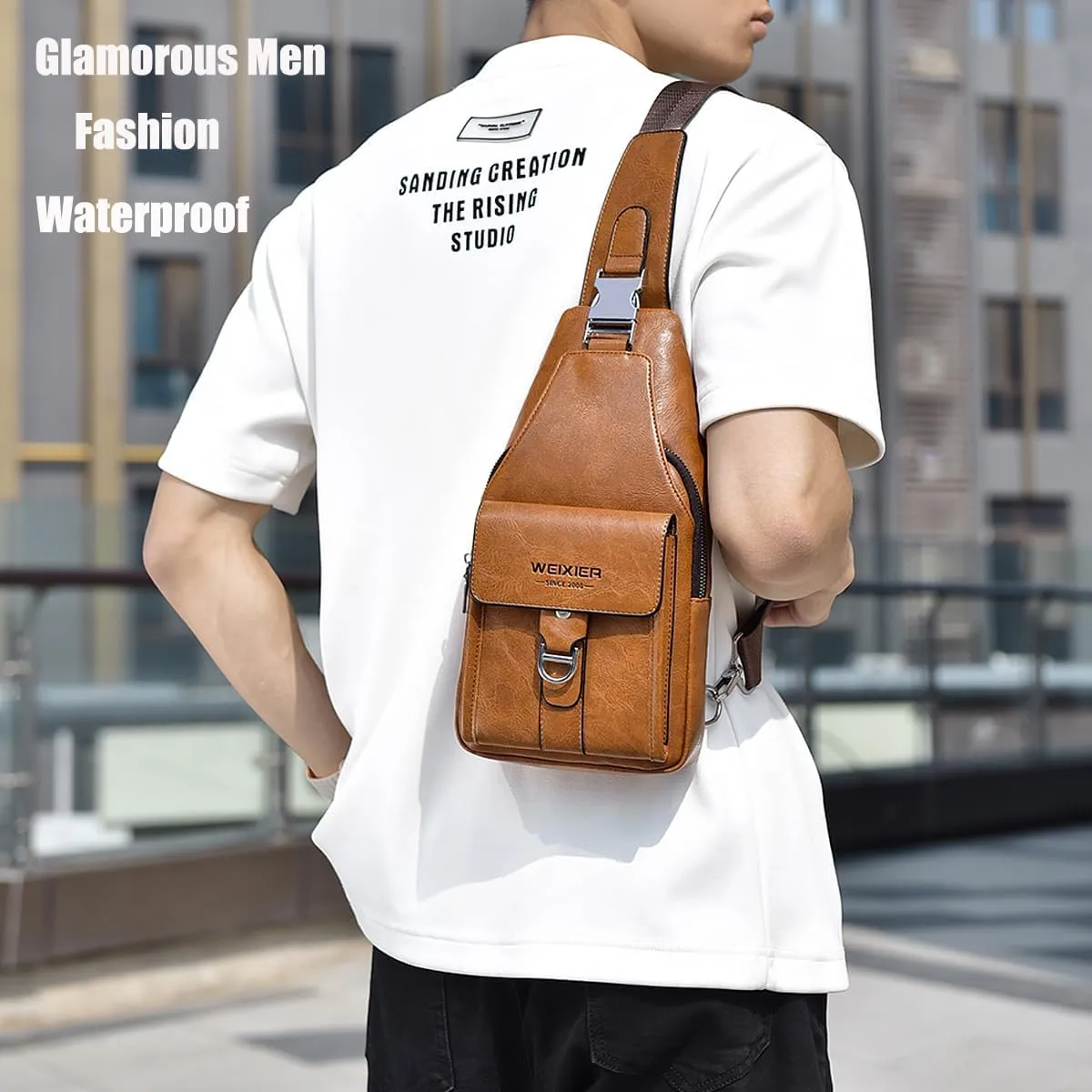PU Leather Sling Bag for Men - Waterproof, Lightweight, Crossbody Chest Bag for Hiking & Cycling