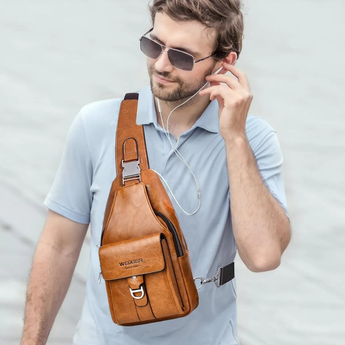PU Leather Sling Bag for Men - Waterproof, Lightweight, Crossbody Chest Bag for Hiking & Cycling
