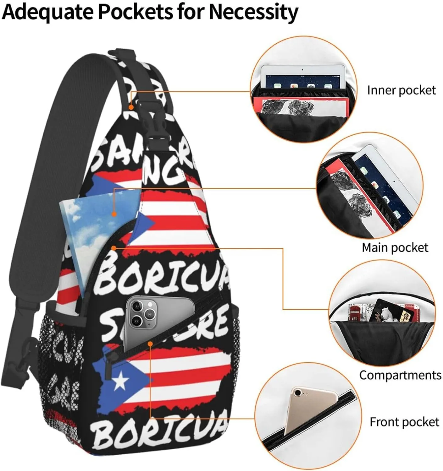 Puerto Rican Sangre Boricua Flag Chest Sling Bag Crossbody Shoulder Backpack Bag Gym Cycling Travel Hiking Daypack Cross Bag