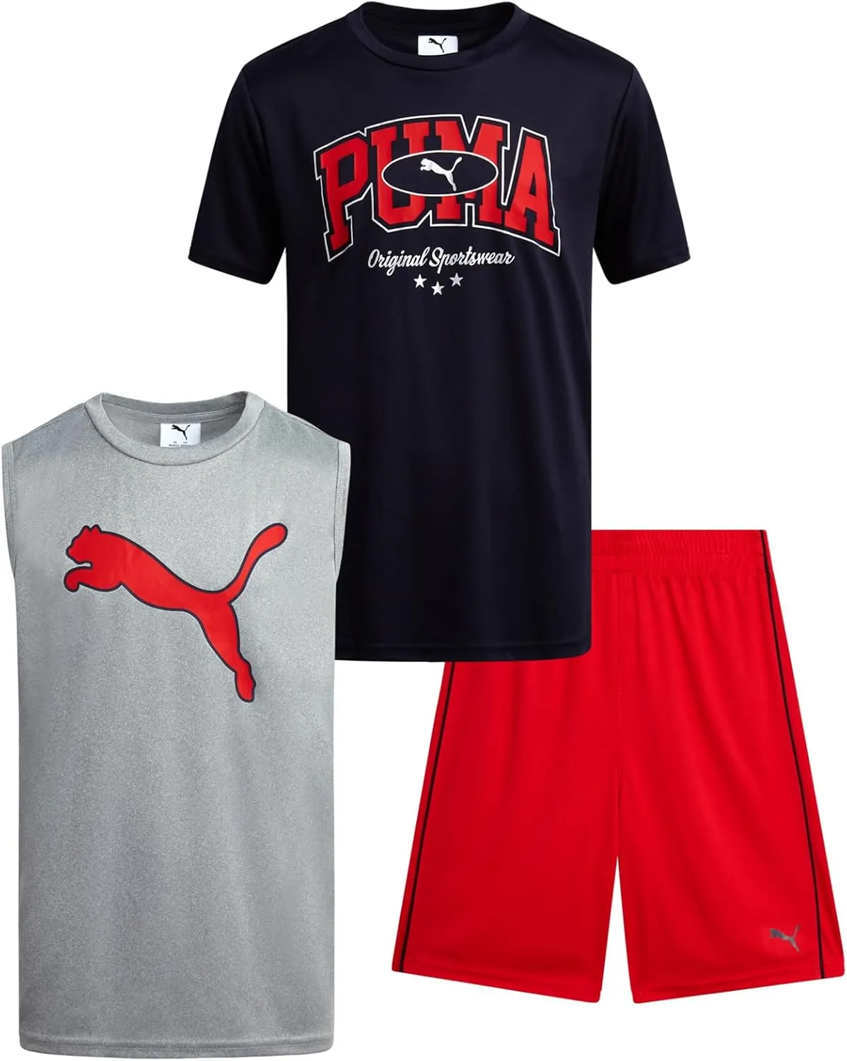 PUMA Boys' Active Shorts Set - 3 Piece Performance T-Shirt, Dry Fit Tank Top, and Gym Shorts - Activewear Set for Boys (4-16)