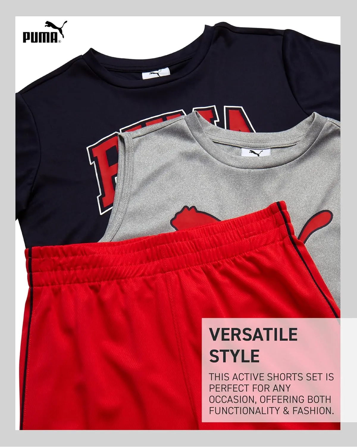 PUMA Boys' Active Shorts Set - 3 Piece Performance T-Shirt, Dry Fit Tank Top, and Gym Shorts - Activewear Set for Boys (4-16)