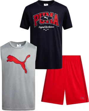 PUMA Boys' Active Shorts Set - 3 Piece Performance T-Shirt, Dry Fit Tank Top, and Gym Shorts - Activewear Set for Boys (4-16)