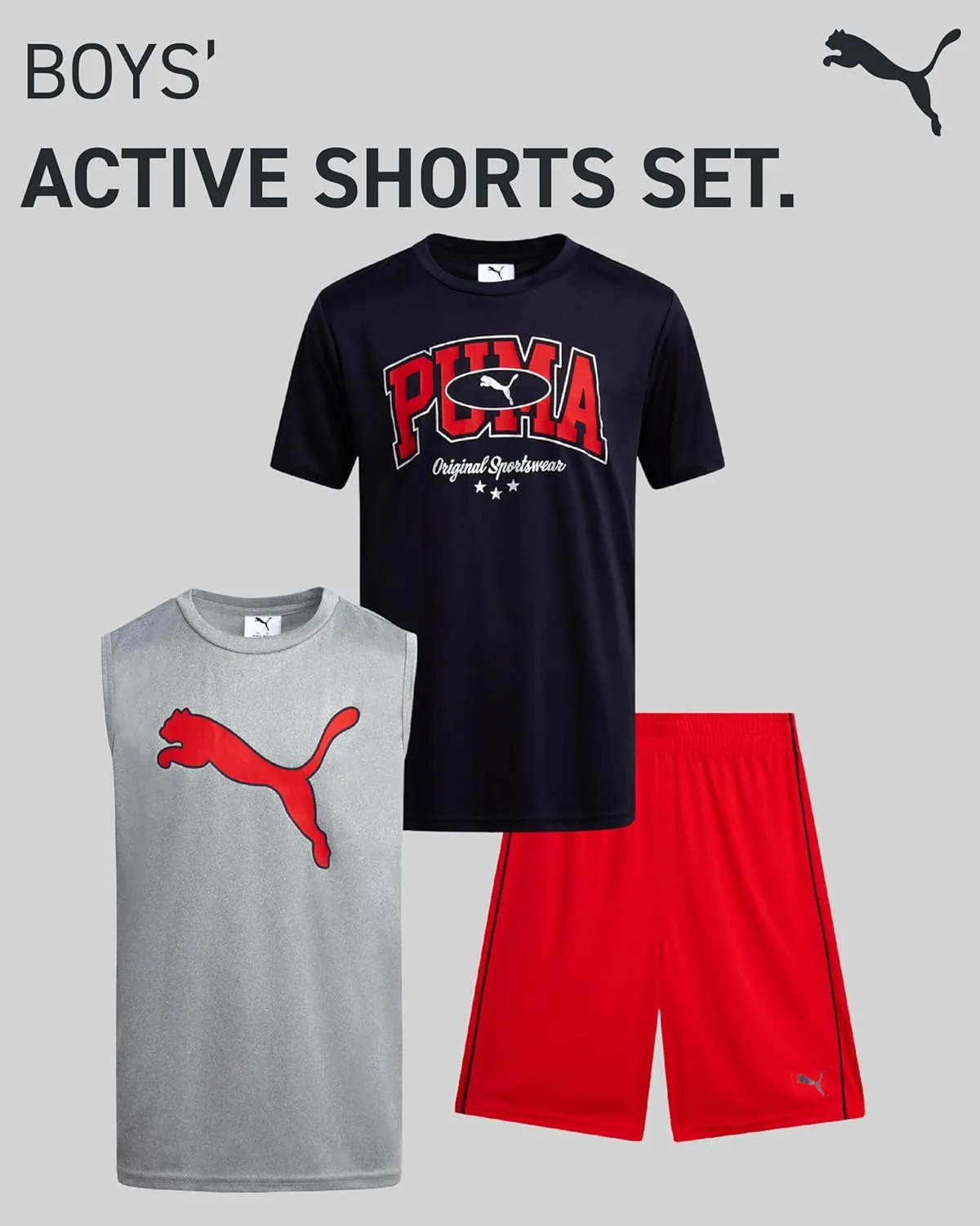 PUMA Boys' Active Shorts Set - 3 Piece Performance T-Shirt, Dry Fit Tank Top, and Gym Shorts - Activewear Set for Boys (4-16)