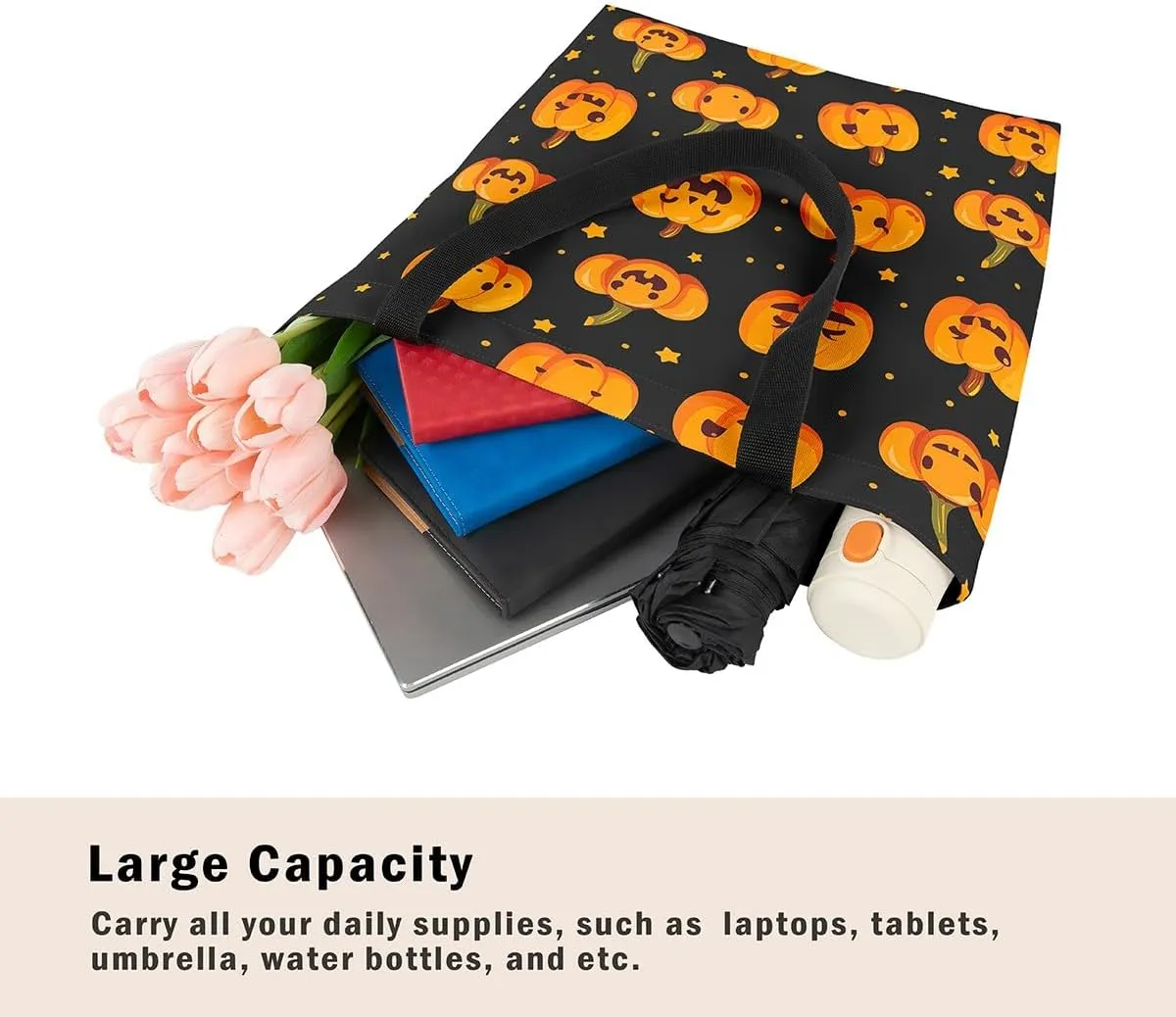 Pumpkin Lantern Canvas Tote Bag Gothic Shoulder Bag for Women,Cartoon Halloween Lights Reusable Cloth Cotton Bags