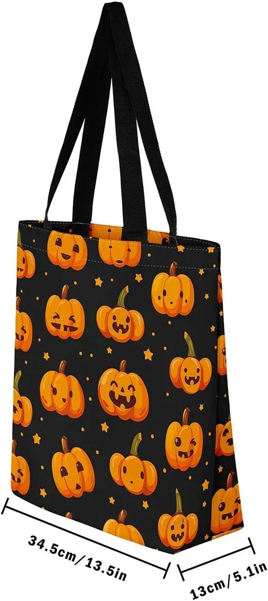 Pumpkin Lantern Canvas Tote Bag Gothic Shoulder Bag for Women,Cartoon Halloween Lights Reusable Cloth Cotton Bags