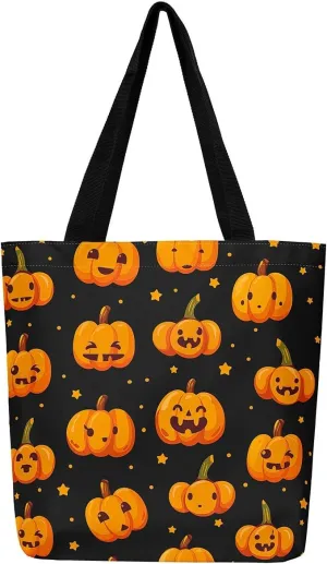 Pumpkin Lantern Canvas Tote Bag Gothic Shoulder Bag for Women,Cartoon Halloween Lights Reusable Cloth Cotton Bags