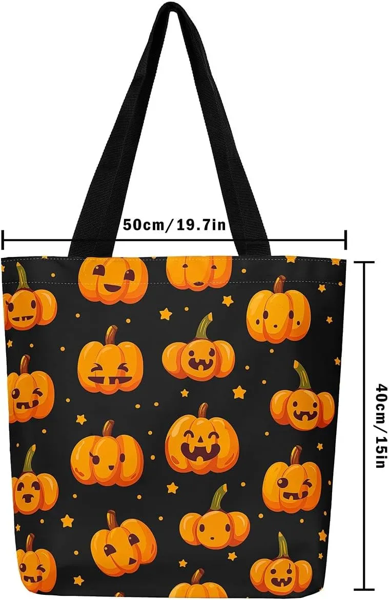 Pumpkin Lantern Canvas Tote Bag Gothic Shoulder Bag for Women,Cartoon Halloween Lights Reusable Cloth Cotton Bags