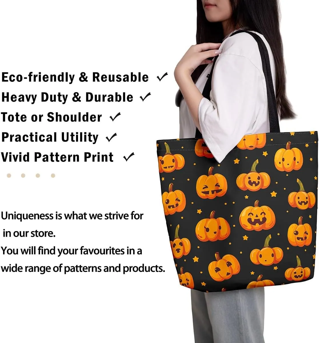 Pumpkin Lantern Canvas Tote Bag Gothic Shoulder Bag for Women,Cartoon Halloween Lights Reusable Cloth Cotton Bags