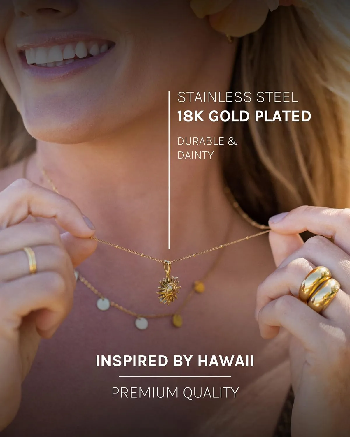 Purelei® Sun Necklace – 18K Gold plated stainless steel jewelry – Waterproof chain – 20 to 22 inch adjustable length – Fashion jewelry for your individual look