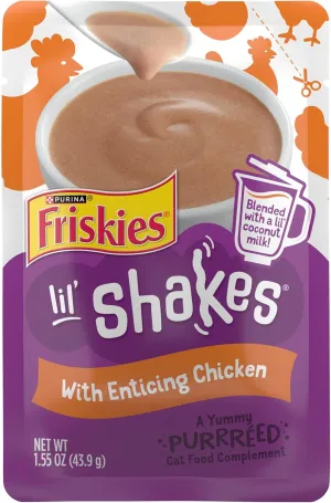 Purina Friskies Pureed Cat Food Topper, Lil’ Shakes With Enticing Chicken Lickable Cat Treats - (Pack of 16) 1.55 oz. Pouches
