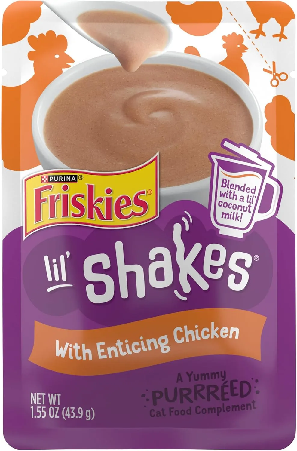 Purina Friskies Pureed Cat Food Topper, Lil’ Shakes With Enticing Chicken Lickable Cat Treats - (Pack of 16) 1.55 oz. Pouches