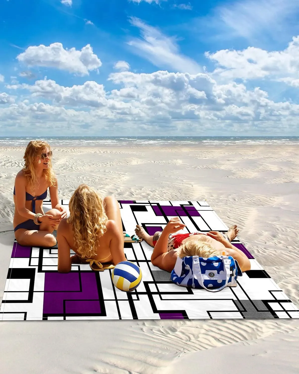 Purple Black Beach Blanket Large with Stakes Waterproof Sandproof Beach Mat with Corner Pockets for Outdoor Travel Camping Hiking Picnic Essentials,Modern Minimalist Geometric Abstract White 95"x80"