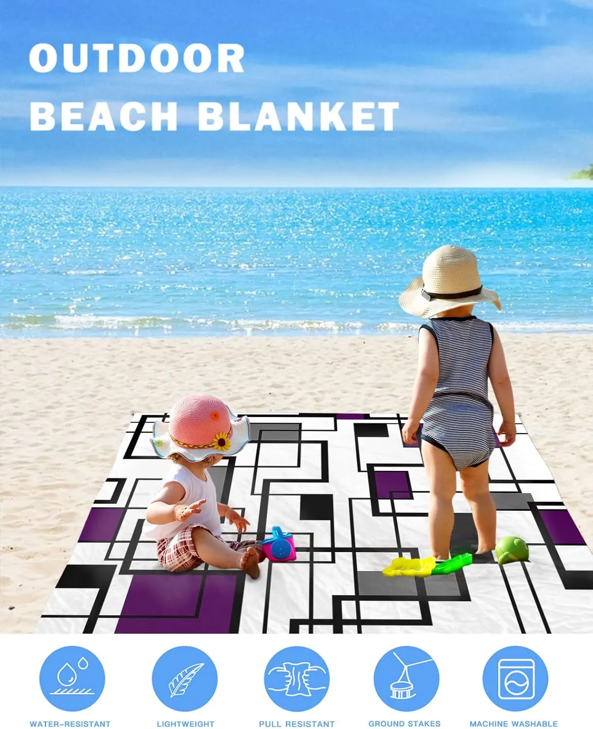Purple Black Beach Blanket Large with Stakes Waterproof Sandproof Beach Mat with Corner Pockets for Outdoor Travel Camping Hiking Picnic Essentials,Modern Minimalist Geometric Abstract White 95"x80"