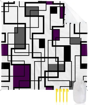 Purple Black Beach Blanket Large with Stakes Waterproof Sandproof Beach Mat with Corner Pockets for Outdoor Travel Camping Hiking Picnic Essentials,Modern Minimalist Geometric Abstract White 95"x80"