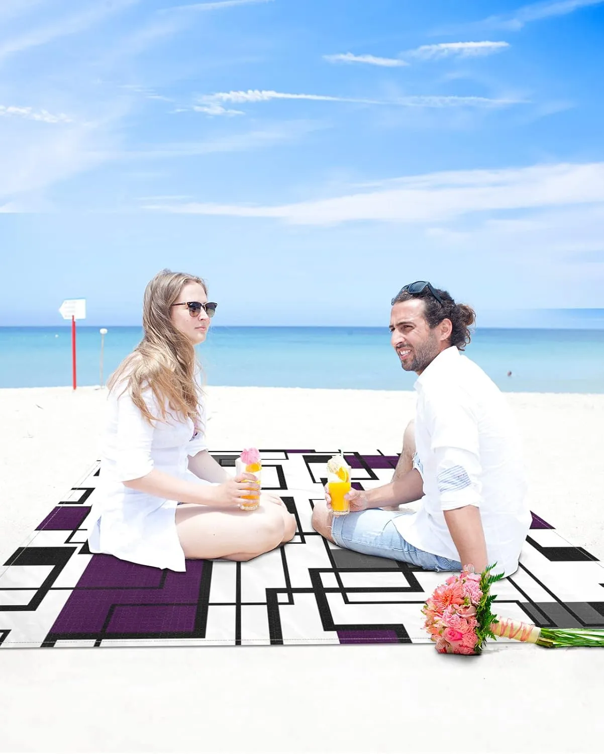 Purple Black Beach Blanket Large with Stakes Waterproof Sandproof Beach Mat with Corner Pockets for Outdoor Travel Camping Hiking Picnic Essentials,Modern Minimalist Geometric Abstract White 95"x80"