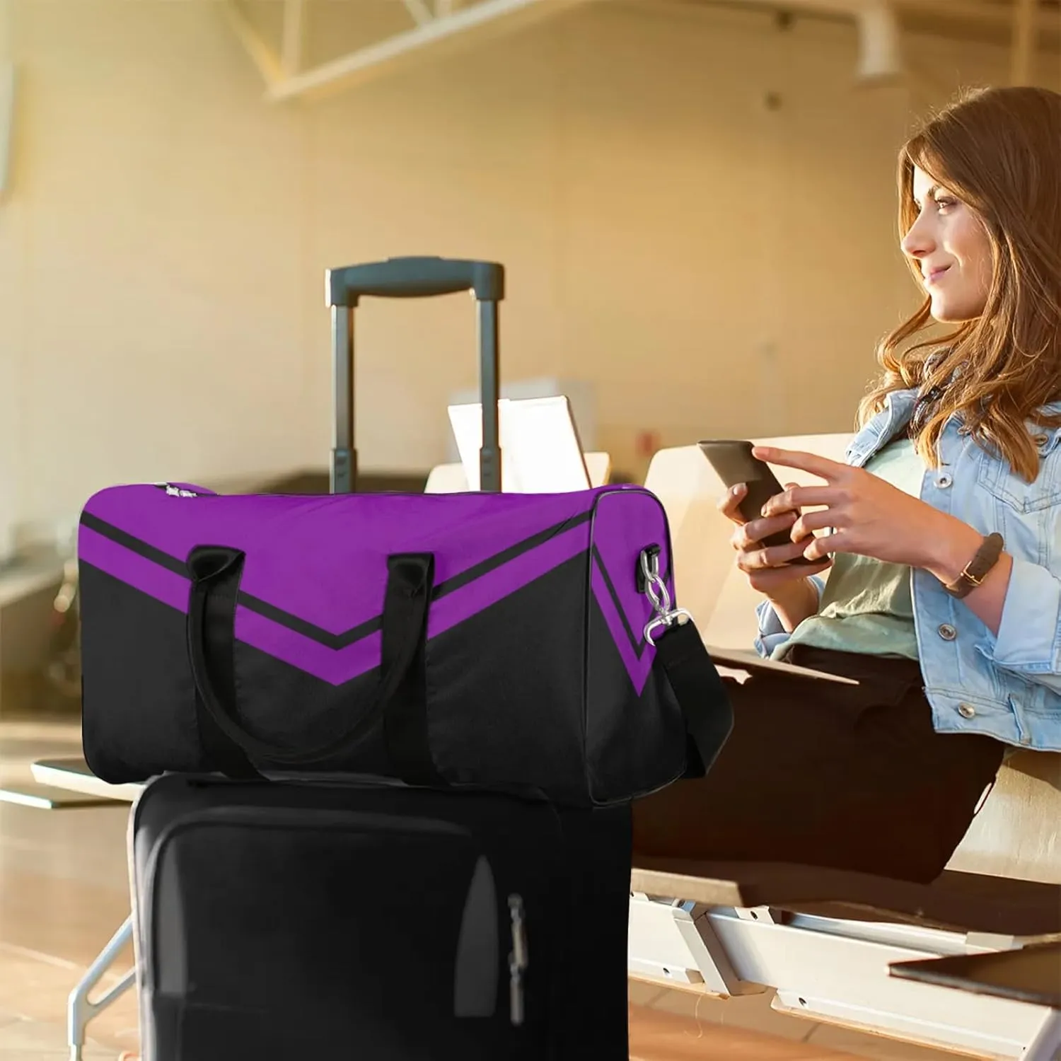 Purple Black Cheer Travel Duffle Bag for Women Men, Carry On Overnight Bag, Weekend Travel Duffel Tote Bags for Trips Sport Hospital