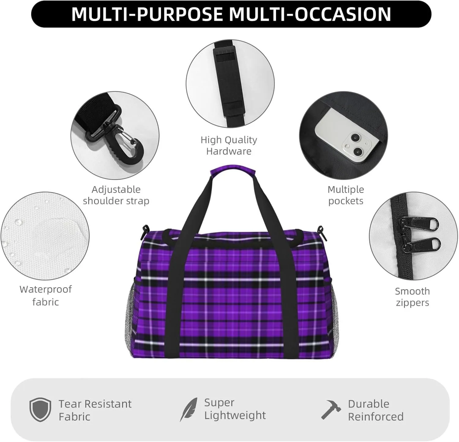 Purple Black Stripes Travel Duffel Bag Large Foldable Waterproof Overnight Bag For Beach Swim Bags Pool Sports Gym