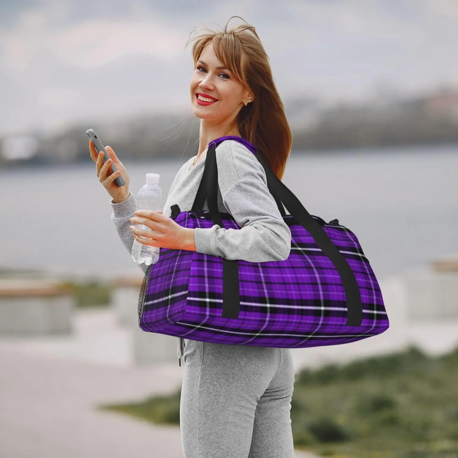 Purple Black Stripes Travel Duffel Bag Large Foldable Waterproof Overnight Bag For Beach Swim Bags Pool Sports Gym