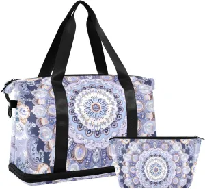 Purple Round Mandala Versatile Sports Travel Bag - Lasting Twill Tote, Removable Wheel & Rod Bagging, Multi-pocket Design, Complimentary Makeup Bag