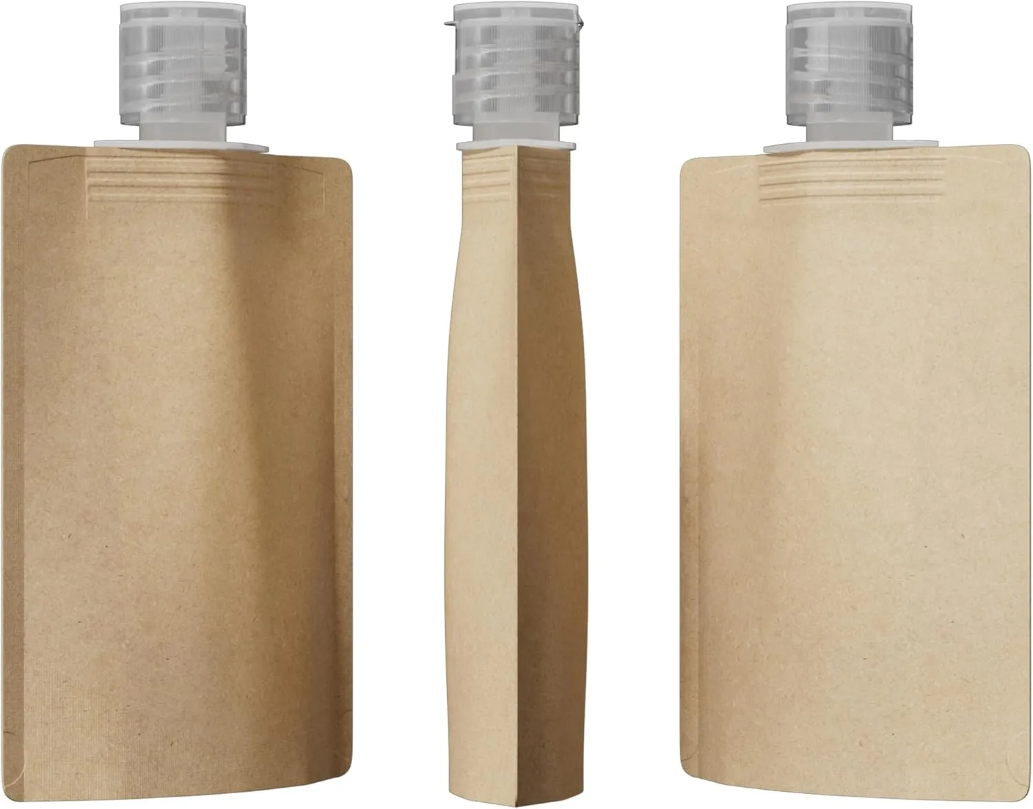 QQ Studio 50 Refillable Empty Travel Pouches for Toiletries Squeeze Pouch with Clear Flip Top Cap for Makeup, Gel, Cream, Moisturizer, Shampoo, Conditioner (Brown Kraft, 1.69 oz)