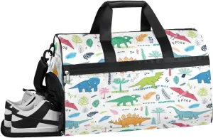 QsirBC Cartoon Dinosaurs Motif Gym Bag for Women Duffle Tote with Shoes Compartment Men Weekender Duffel For Travel Sports Swimming Overnight