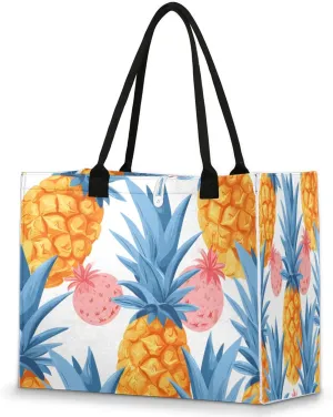 QsirBC Watercolor Pineapple Pomegranate Large Beach Tote Bag for Women Adequate Capacity Kitchen Reusable Grocery Bag with Inner Zipper Pocket Travel Tote Handbag for Beach Pool Shopping Daily Use