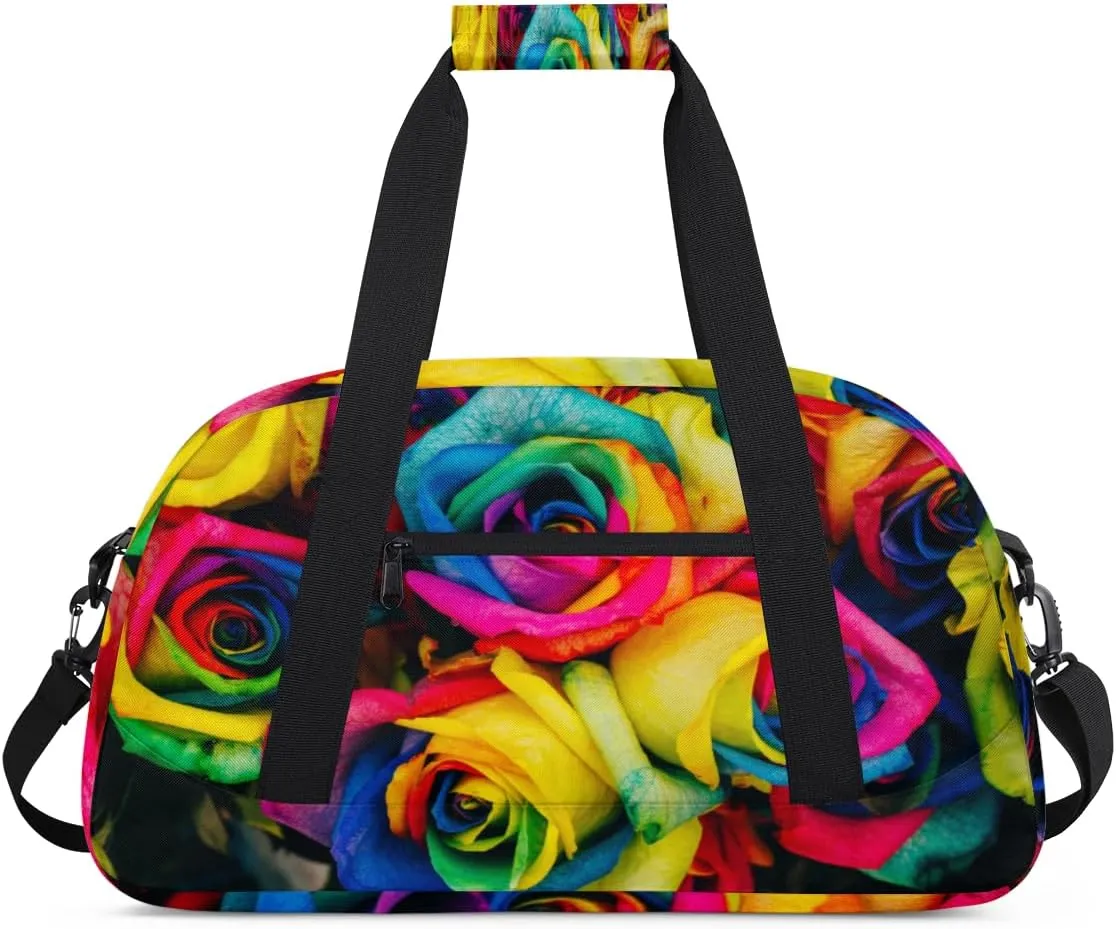 Rainbow Rose Gym Duffel Bag for Men Women Roses Sports Tote Bag with Adjustable Shoulder Strap for Dance Gymnastics Traveling Outdoor Camping Overnight Stay