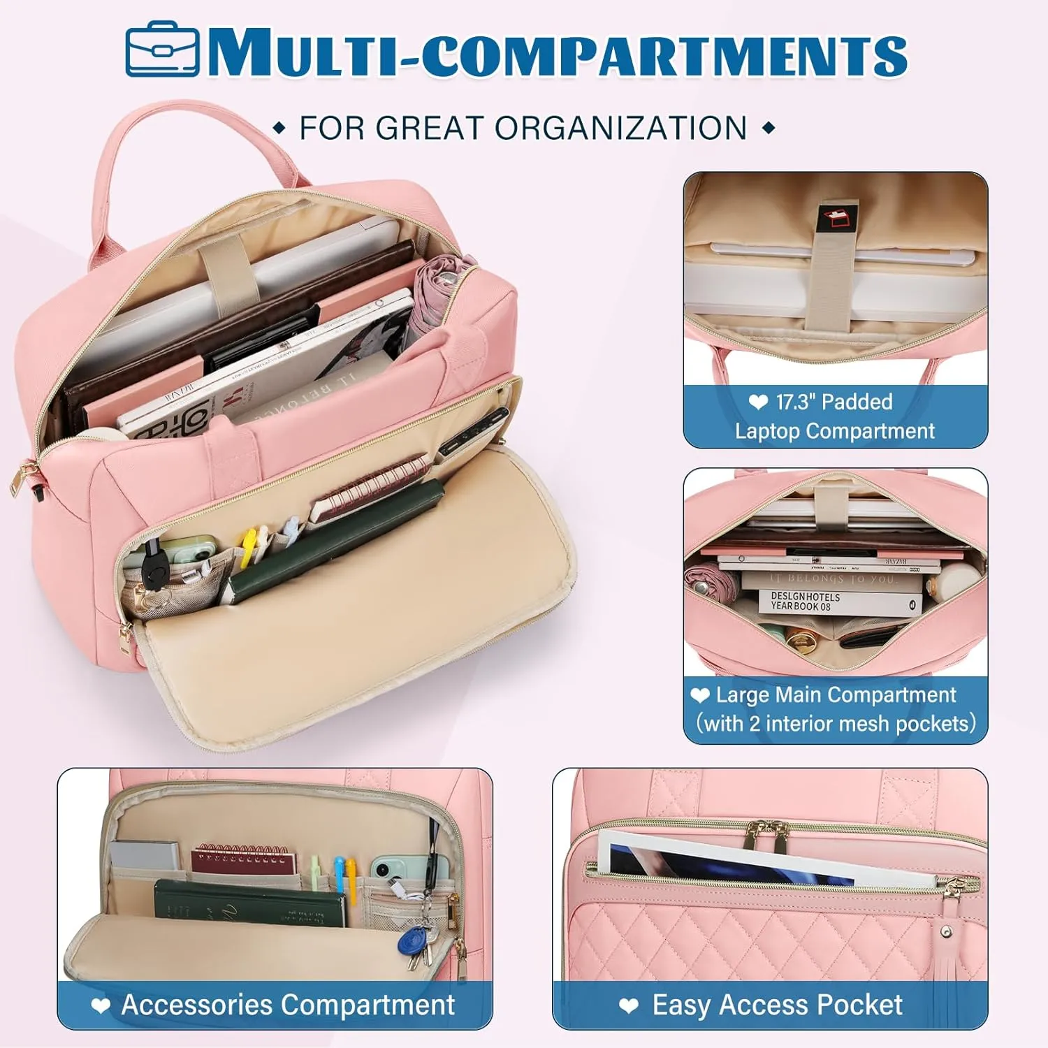 RAINSMORE Laptop Bag 17.3 Inch Briefcase for Women Waterproof Computer Messenger Shoulder Bags Large Laptop Case for Work Business Office Travel College, Pink
