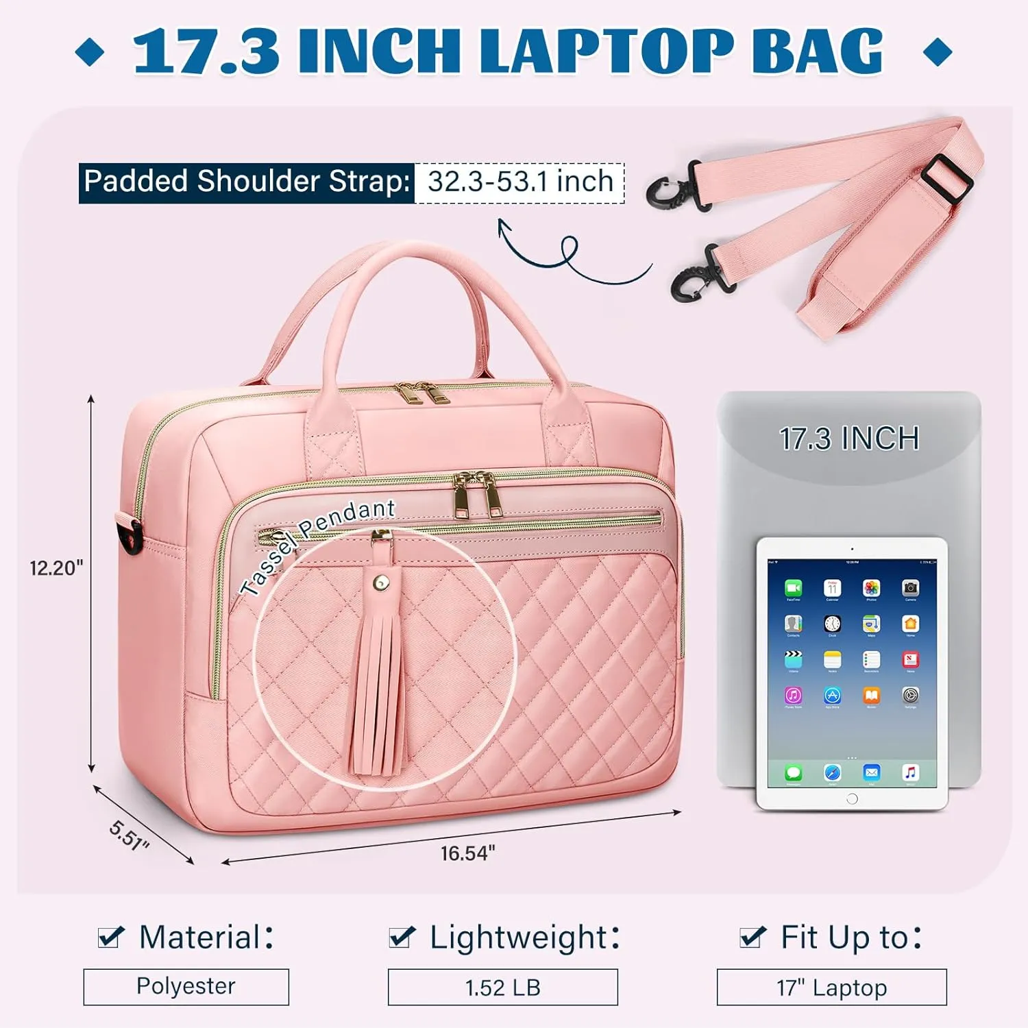 RAINSMORE Laptop Bag 17.3 Inch Briefcase for Women Waterproof Computer Messenger Shoulder Bags Large Laptop Case for Work Business Office Travel College, Pink