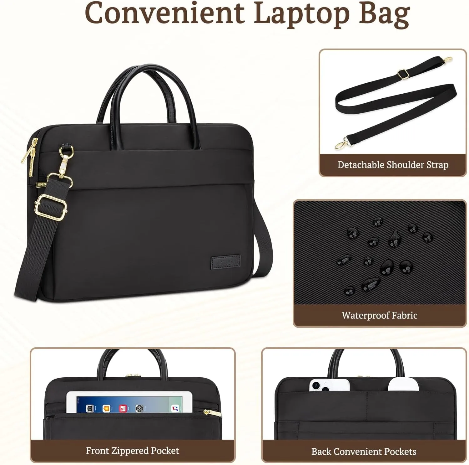 RAINYEAR 14 Inch Laptop Bag for Women, Protective Waterproof Large Capacity Computer Shoulder Bag Carrying Case with Handle for 13-14 Inch Notebook Computer Laptop, Black