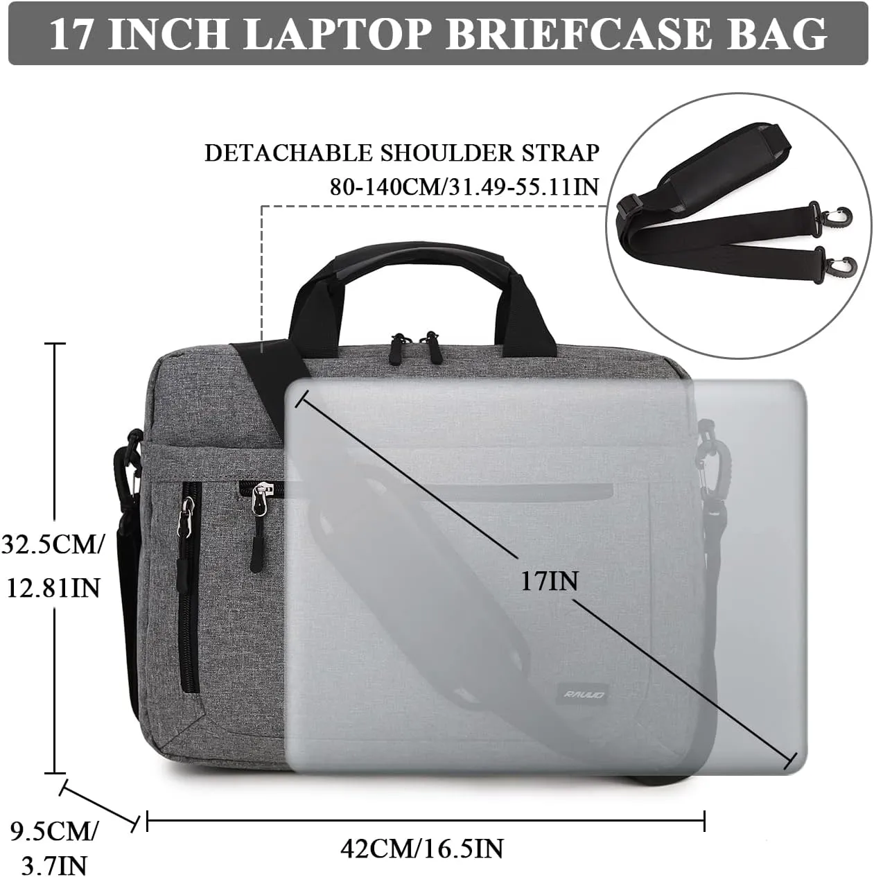 RAVUO Laptop Bag for Men, Water Resistant 17inch Laptop Messenger Shoulder Bag Business Satchel Briefcase with Adjustable Shoulder Strap Grey