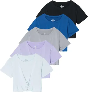 Real Essentials 5 Pack: Women's Short Sleeve Twist Front Crop Top Dry-Fit Athletic Crew Neck T-Shirt
