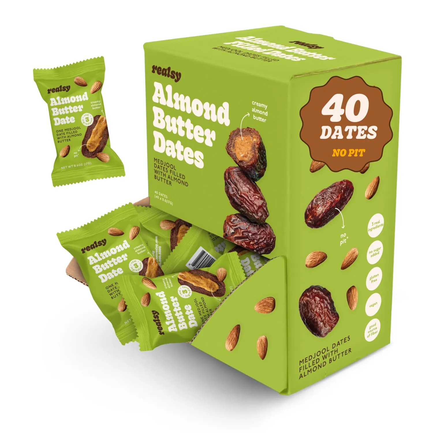 Realsy Filled Medjool Dates, Organic Dates with No Sugar Added, Gluten-Free, Vegan, All Natural Healthy Snack, Single Wrapped (40 ct) (Almond Butter)