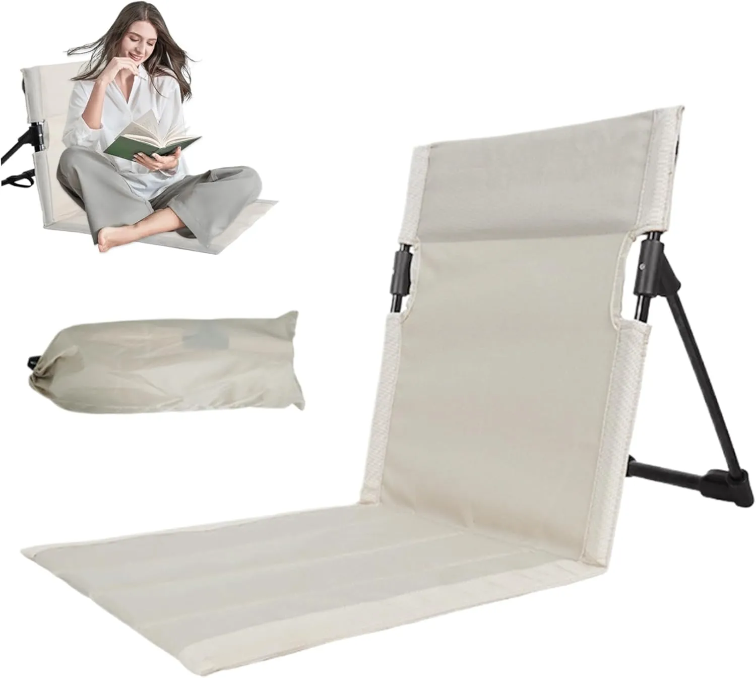 Reclining Beach Mat with Backrest, Folding Oxford Cloth Beach Mat Lounge Chair, Portable Lounge Chair with Carry Bag for, Camping, Fishing, Hiking, Beige