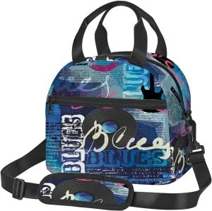 Record,Insulated Lunch Bag for Women/Men,Blues Genre Elements Guitar,Reusable Leakproof Cooler Tote Bag Organizer with Adjustable Shoulder Strap for Adult,Blue