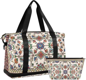Red Persian Versatile Sports Travel Bag - Lasting Twill Tote, Removable Wheel & Rod Bagging, Multi-pocket Design, Complimentary Makeup Bag