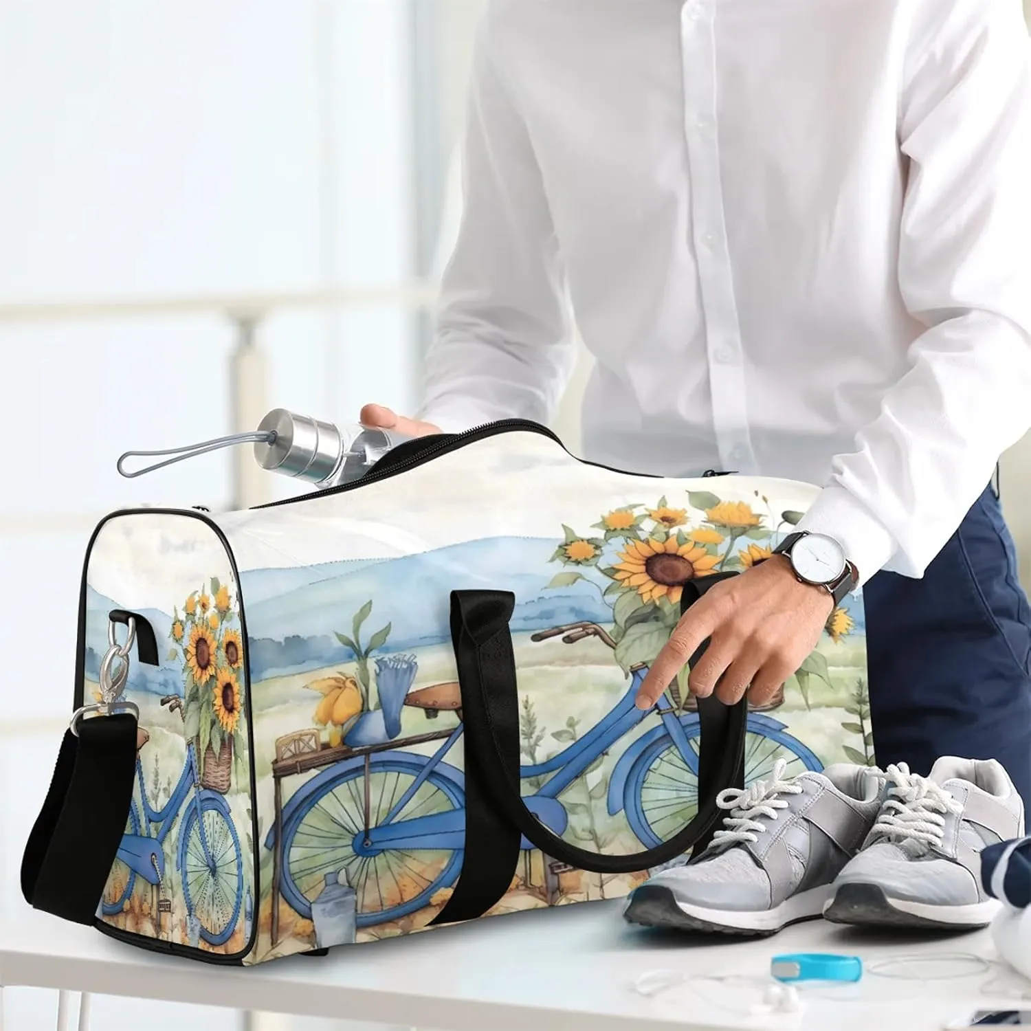 Retro Bicycle Sunflowers Travel Duffle Bag, Sports Gym Bags for Women Men, Carry On Weekender Overnight Workout Airplane Trips Bag