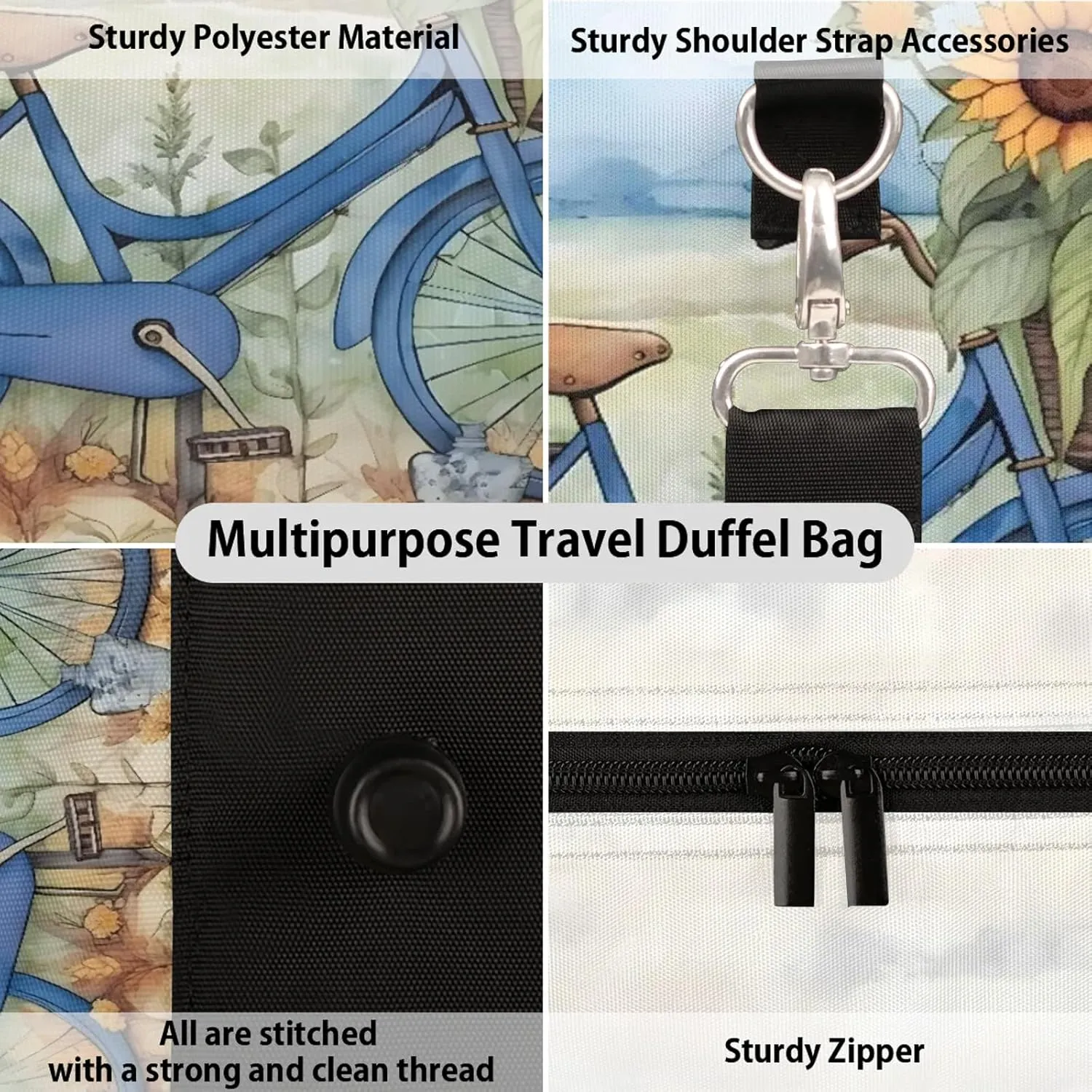 Retro Bicycle Sunflowers Travel Duffle Bag, Sports Gym Bags for Women Men, Carry On Weekender Overnight Workout Airplane Trips Bag