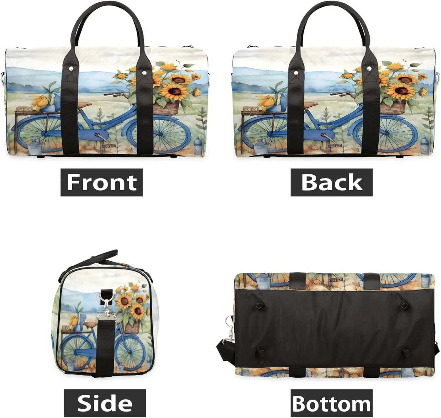 Retro Bicycle Sunflowers Travel Duffle Bag, Sports Gym Bags for Women Men, Carry On Weekender Overnight Workout Airplane Trips Bag