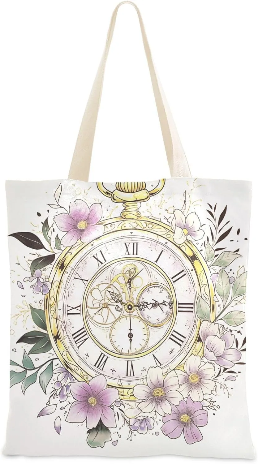 Retro Pocket Watch Wreath Flower Tote bag for women everyday canvas bags with handles Tote Bags Canvas Bag For Women for Daily Use Bolsa de lona