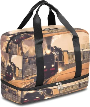 Retro Train Sports Gym Bag with Shoes Compartment,Locomotive Train Travel Duffel Bag for Men Women Boys Girls Teens Overnight Weekend Yoga Workout Bag Training Handbag