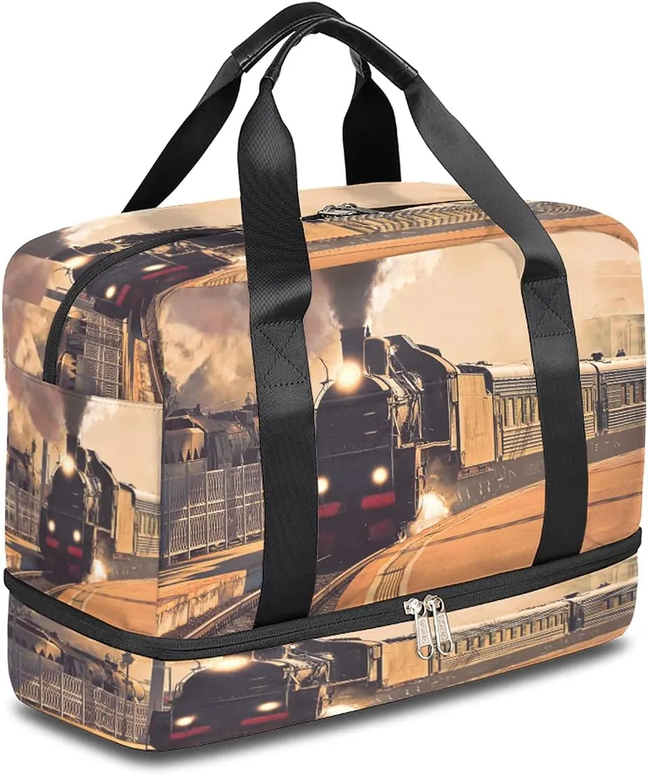 Retro Train Sports Gym Bag with Shoes Compartment,Locomotive Train Travel Duffel Bag for Men Women Boys Girls Teens Overnight Weekend Yoga Workout Bag Training Handbag